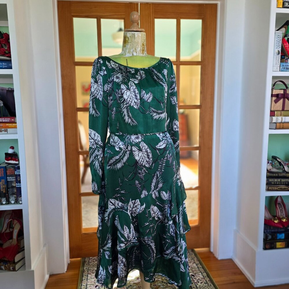 NWOT Marchesa Notte Long-Sleeve Asymmetric Tiered Flounce Dress, Size US 2